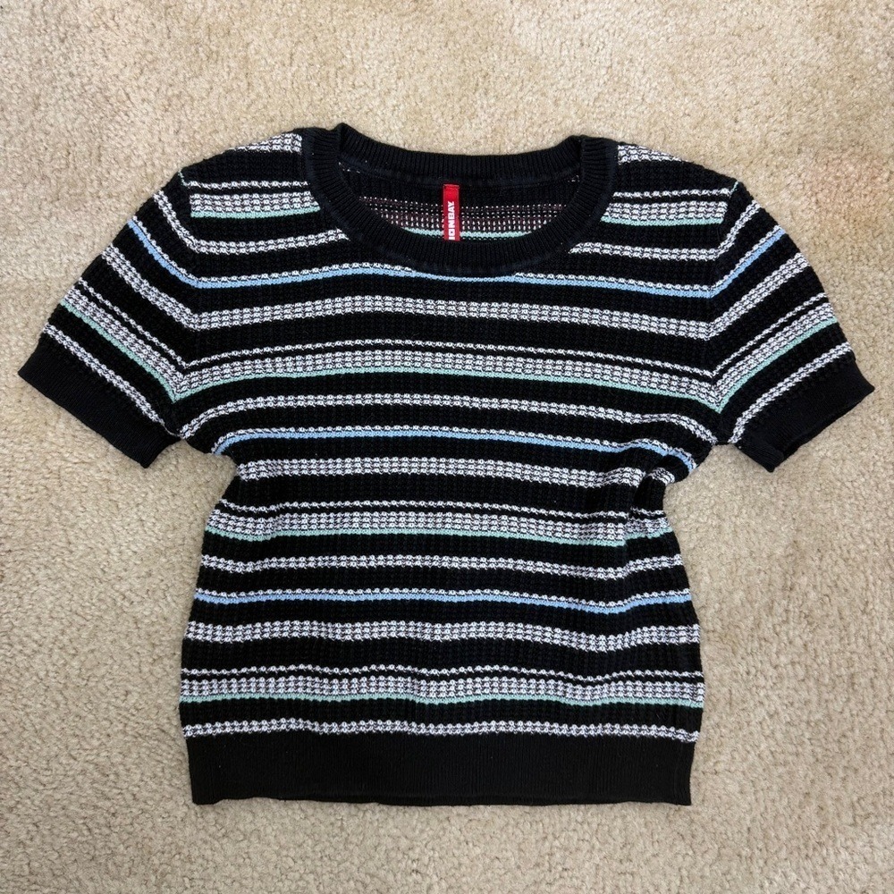 Womens Striped Short Sleeve Sweater Black Blue Green Crew‎ Neck Small